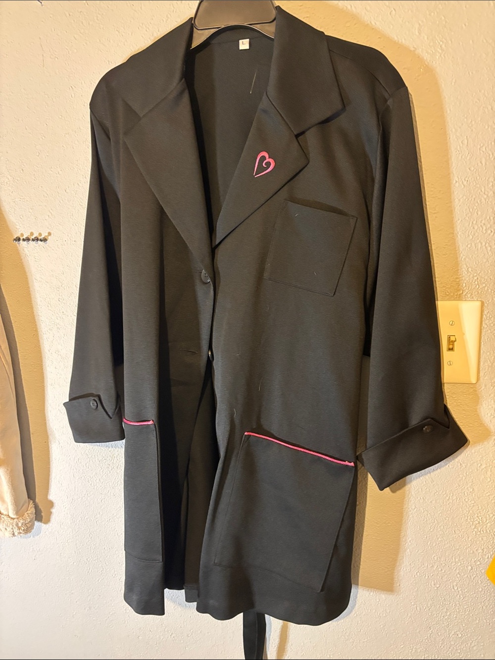 Black Women's Long Blazer Jacket with Pink Trim